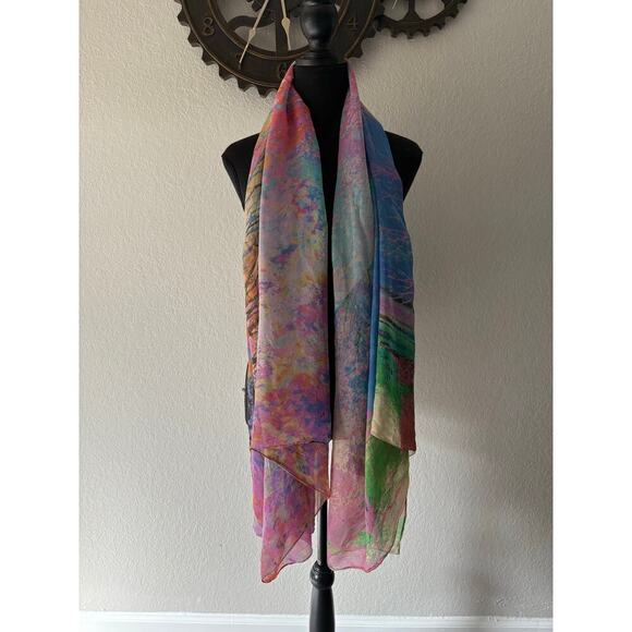 VTG GOTTEX Silk Scarf Wrap Watercolor 52"x70" Vibrant Retro 70s Artsy Hippie - Picture 2 of 8